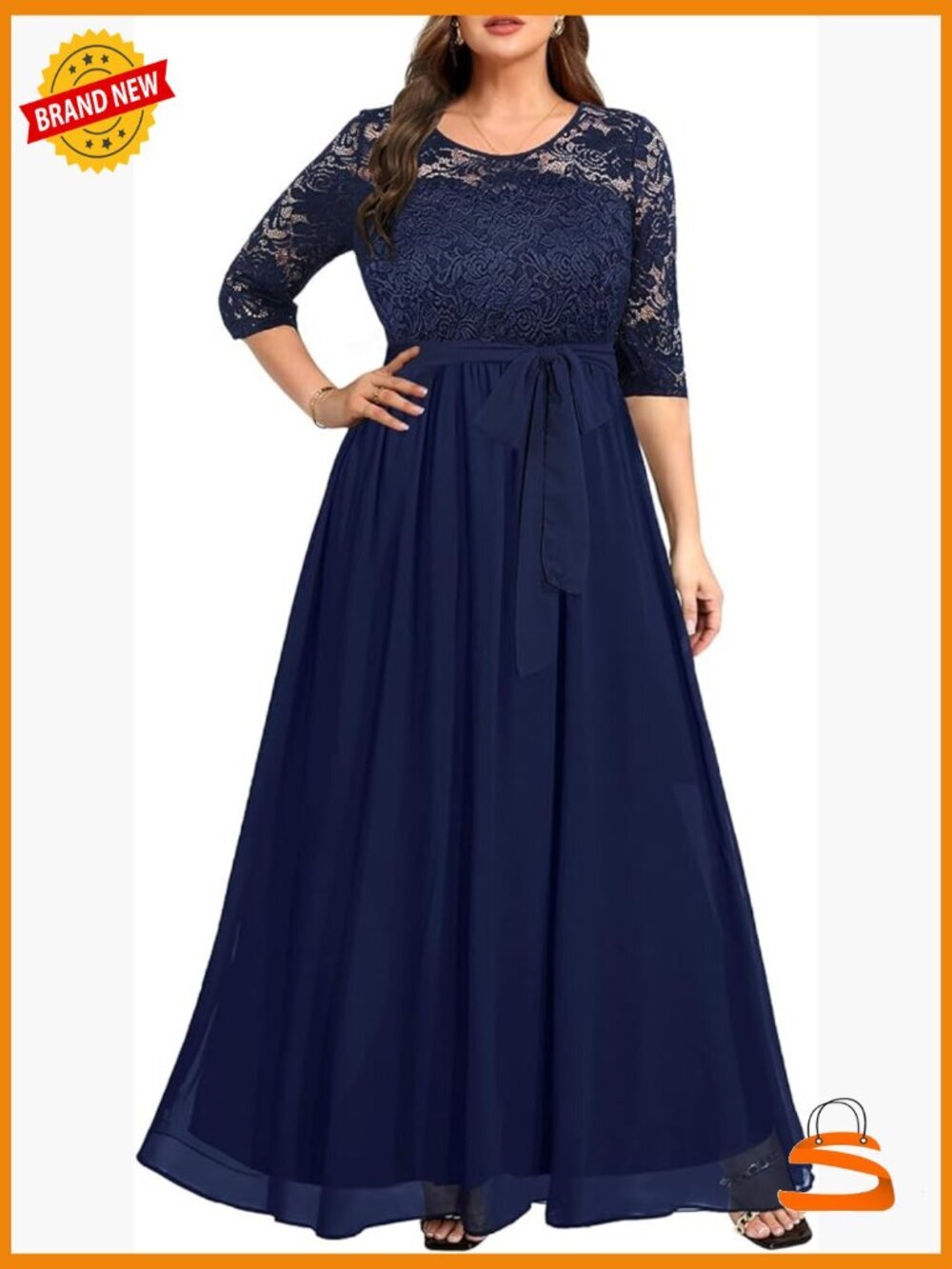 Plus Size Formal Lace Chiffon Maxi Dress Long Sleeve Evening Gown